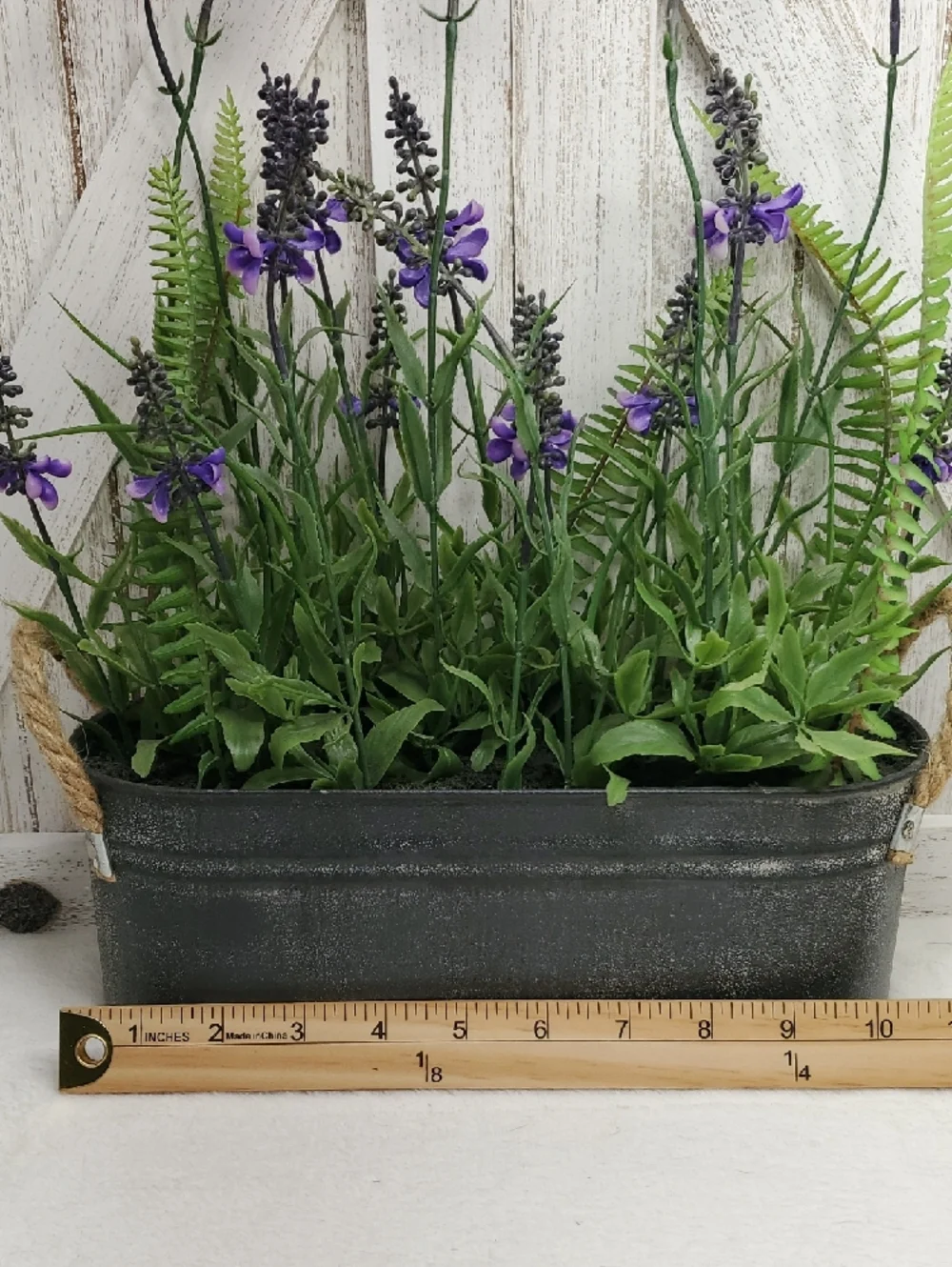 Faux Floral Lavender Fern Arrangement in Metal Planter with Rope Handles